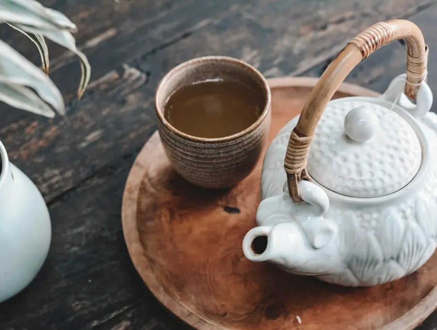 A warm pot of chai served on a wooden tray